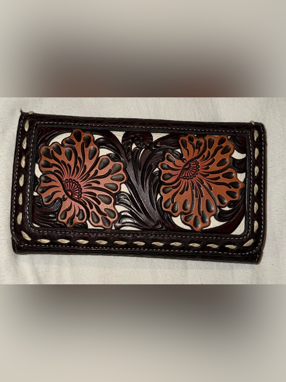 Nocona Floral Hand-Tooled Leather Wallet - Dark Brown & Tan